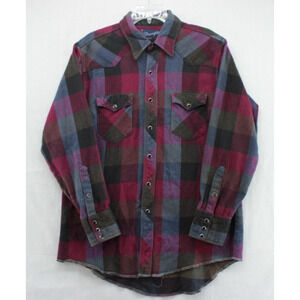 VTG Wrangler Heavy Flannel Shirt Men's Medium Red Plaid X-Long Tails Pearl Snap